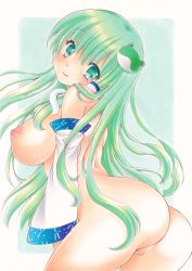 Rule 34 | 1girl, arched back, ass, bad id, bad pixiv id, blush, breasts, detached sleeves, frog hair ornament, green eyes, green hair, hair ornament, hair tubes, highres, kochiya sanae, large breasts, long hair, looking at viewer, looking to the side, marker (medium), matching hair/eyes, nipples, nude, pom77, pussy, smile, solo, touhou, traditional media, uncensored