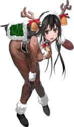 Rule 34 | 10s, 1girl, animal costume, antlers, bell, bent over, black hair, bob (biyonbiyon), chikuma (kancolle), full body, gloves, horns, kantai collection, long hair, machinery, official art, reindeer costume, ribbon, shoes, solo, transparent background