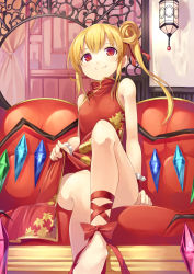 Rule 34 | 1girl, alternate costume, ankle ribbon, arm at side, bare legs, bare shoulders, blonde hair, blush, china dress, chinese clothes, clothes lift, couch, crossed ankles, crossed legs, curtains, dress, dress lift, fang, fang out, female focus, flandre scarlet, gem, gurasion (gurasion), high heels, ironwork, lantern, leg ribbon, looking at viewer, red eyes, red ribbon, ribbon, short hair, side ponytail, sidelocks, sitting, skirt, skirt lift, sleeveless, smile, solo, touhou, wings, wrist cuffs