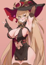 Rule 34 | 1girl, black gloves, blonde hair, blush, bra, bra peek, bra strap, breasts, clothing cutout, fang, fang out, gloves, hair between eyes, hat, large breasts, long hair, looking at viewer, navel, navel cutout, nijisanji, nui sociere, nui sociere (1st costume), partially fingerless gloves, red bra, seinen, skin fang, smile, solo, thighhighs, torn clothes, torn hat, underwear, v, virtual youtuber, witch, witch hat, yellow eyes