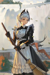 Rule 34 | 1girl, absurdres, arknights, black gloves, broom, brown eyes, clothesline, earrings, flat chest, gloves, grey hair, highres, holding, holding broom, irene (arknights), jewelry, leaf, long hair, maid headdress, necklace, peach21, ponytail, scar, solo