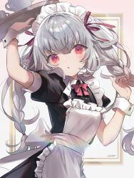 Rule 34 | 1girl, apron, arm up, black dress, bow, braid, collared dress, cup, dress, frilled apron, frills, grey hair, hair between eyes, hair ribbon, highres, holding, holding tray, long hair, looking at viewer, maid, maid apron, maid headdress, original, parted lips, puffy short sleeves, puffy sleeves, red bow, red eyes, red ribbon, ribbon, sha2mo, short sleeves, signature, solo, tray, twin braids, twintails, very long hair, white apron