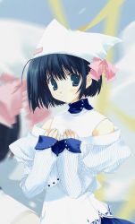 Rule 34 | 1girl, black hair, blue eyes, closed mouth, copyright request, detached sleeves, dress, expressionless, hat, highres, long sleeves, looking at viewer, mitsumi misato, short hair, sleeveless, sleeveless dress, solo, upper body, white dress