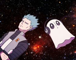 Rule 34 | 1boy, black shirt, blue hair, closed mouth, commentary, creatures (company), crossover, cyrus (pokemon), frown, game freak, ghost, grey eyes, grey vest, headphones, logo, long sleeves, male focus, napstablook, nintendo, pokemon, pokemon dppt, shirt, short hair, space, spiked hair, ssalbulre, team galactic, undertale, vest