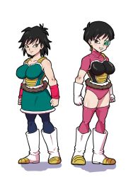 Rule 34 | 2girls, arm warmers, armor, black eyes, black hair, bob cut, bodysuit, boots, breasts, clenched teeth, closed mouth, dragon ball, dragonball z, earrings, feet, full body, gine, gloves, green-tinted eyewear, green skirt, groin, jewelry, large breasts, legs, looking at viewer, looking to the side, mature female, monkey tail, multiple girls, pink bodysuit, rickert kai, saiyan armor, scouter, seripa, short hair, simple background, skirt, smile, standing, tail, teeth, thighhighs, thighs, tinted eyewear, white background, white gloves