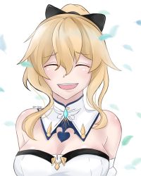 Rule 34 | 1girl, :d, ^ ^, bare shoulders, black bow, blonde hair, blush, bow, breasts, brooch, cleavage, closed eyes, commentary, detached collar, facing viewer, genshin impact, hair bow, highres, jean (genshin impact), jewelry, large breasts, open mouth, shirt, short hair with long locks, smile, solo, strapless, strapless shirt, tri.liogy, upper body, white background