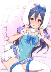 Rule 34 | 10s, 1girl, animal ears, blue hair, blush, bow, clearite, fake animal ears, frills, hair bow, highres, holding, long hair, looking at viewer, love live!, love live! school idol festival, love live! school idol project, nose blush, open mouth, pillow, polka dot, puffy short sleeves, puffy sleeves, rabbit ears, rabbit tail, short sleeves, solo, sonoda umi, tail, tears, thighhighs, wavy mouth, white thighhighs, yellow eyes