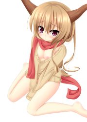 Rule 34 | 1girl, bottomless, breasts, brown hair, female focus, highres, horns, ibuki suika, long hair, naked sweater, nipples, no bra, scarf, sitting, small breasts, solo, sweater, touhou, wariza, yoye (pastel white)