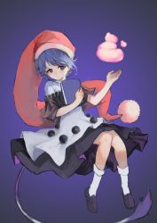 Rule 34 | 1girl, absurdres, blob, blue eyes, blue hair, book, doremy sweet, dress, full body, hat, heoningu, highres, looking at viewer, multicolored clothes, multicolored dress, nightcap, nightgown, pom pom (clothes), red hat, short hair, sitting, solo, tail, touhou
