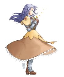 Rule 34 | 1girl, ake-tan, brown capelet, brown dress, capelet, chest guard, commentary, dress, english commentary, floral print, flower, frilled dress, frills, full body, gauntlets, holding, holding flower, long hair, looking afar, open mouth, ragnarok online, rose print, signature, simple background, solo, standing, swordsman (ragnarok online), white background, yellow flower