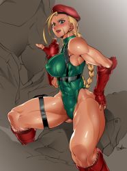 Rule 34 | 1girl, abs, blonde hair, bowalia, breasts, cammy white, fingerless gloves, gloves, hat, large breasts, leotard, muscular, muscular female, street fighter