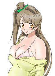 Rule 34 | 10s, 1girl, areola slip, bad id, bad pixiv id, blush, bow, bra, breasts, brown hair, cleavage, eleven929rr, hair bow, large breasts, long hair, love live!, love live! school idol project, minami kotori, side ponytail, simple background, solo, undersized clothes, underwear, upper body, white background