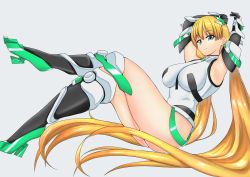 Rule 34 | 20100813, absurdres, angela balzac, armor, armpits, arms behind back, arms up, blonde hair, blue eyes, bodysuit, boots, breasts, elbow gloves, gloves, grey background, high heels, highres, knee boots, large breasts, long hair, raised eyebrows, rakuen tsuihou, smile, solo, spread legs, thighs, twintails, white armor, white background