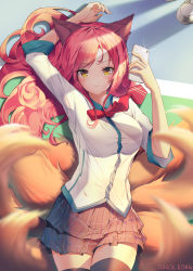 Rule 34 | 1girl, academy ahri, ahri (league of legends), animal ears, arm up, black thighhighs, blouse, blurry, blurry background, blush, bow, bowtie, brown eyes, closed mouth, commentary, dduck kong, depth of field, facial mark, fox ears, fox girl, fox tail, glint, grey skirt, highres, kitsune, kyuubi, layered skirt, league of legends, long hair, looking at viewer, multiple tails, necktie, pink hair, pleated skirt, red neckwear, shirt, short sleeves, skirt, solo, tail, thighhighs, very long hair, whisker markings, white shirt