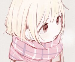 Rule 34 | 1girl, blonde hair, enpera, grey background, grey scarf, hair between eyes, highres, light blush, looking ahead, open mouth, original, pink scarf, plaid, plaid scarf, red eyes, scarf, short hair, simple background, sketch, solo, tsuchi (sh spica1), upper body