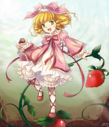 Rule 34 | 00s, 1girl, 2009, blonde hair, bow, dated, dress, drill hair, food, fruit, green eyes, hair bow, hinaichigo, mtyy, name connection, object namesake, rozen maiden, smile, solo, strawberry