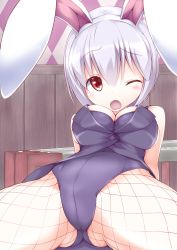 Rule 34 | 1girl, animal ears, arms behind back, ass, breasts, rabbit ears, playboy bunny, cleavage, fake animal ears, fishnet pantyhose, fishnets, highres, josephine (twin tail rabbit), large breasts, leaning back, leotard, one eye closed, open mouth, original, pantyhose, purple hair, red eyes, short hair, sitting, sleeveless, solo, spread legs, tailcoat, unosaki shirona