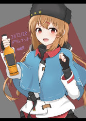 Rule 34 | 1girl, abataa, absurdres, alcohol, black bow, black gloves, black hat, black skirt, blouse, blue shawl, blush, bottle, bow, brown eyes, brown hair, character name, dated, fingerless gloves, fur hat, gloves, hair between eyes, hair bow, hair ornament, hairclip, hat, highres, holding, holding bottle, jacket, kantai collection, long hair, long sleeves, low twintails, open mouth, papakha, red shirt, shawl, shirt, signature, skirt, smile, solo, tashkent (kancolle), twintails, untucked shirt, upper body, white jacket