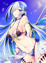 Rule 34 | 1girl, absurdres, arm behind back, bad id, bad pixiv id, bare shoulders, bikini, blue flower, blue hair, blue rose, blue sky, blush, bow, breasts, brynhildr (fate), choker, cleavage, cowboy shot, day, fate/prototype, fate (series), flower, green bow, hair flower, hair ornament, hair over one eye, highres, leaning forward, light rays, lips, long hair, looking at viewer, may (2747513627), medium breasts, multicolored hair, navel, outdoors, parted lips, purple bikini, purple eyes, purple neckwear, rose, shiny skin, silver hair, sky, solo, sparkle, staff, standing, stomach, sunbeam, sunlight, swimsuit, thigh strap, thighs, two-tone hair, very long hair, waist cape, water, water drop, wrist wrap
