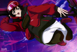 Rule 34 | 1girl, absurdres, beanie, black dress, coat, dress, goggles, grey eyes, hat, highres, long sleeves, looking at viewer, lower teeth only, official art, open mouth, pantyhose, red coat, red footwear, red hat, ruby rose, rwby, scan, scythe, short hair, skirt, sky, solo, star (sky), teeth, twilight, upper teeth only, weapon, white skirt