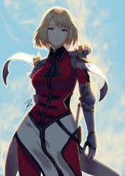 Rule 34 | 1girl, absurdres, arms at sides, blonde hair, blush, bodysuit, breasts, cha hae-in, cowboy shot, eyelashes, gauntlets, gloves, highres, long sleeves, looking at viewer, medium breasts, parted lips, raise094, red bodysuit, short hair, signature, solo, solo leveling, standing, yellow eyes