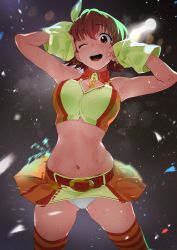 Rule 34 | 1girl, ;d, armpits, bare shoulders, belt, blush, bow, breasts, brown eyes, brown hair, cleavage, cleavage cutout, clothing cutout, commentary request, crop top, detached sleeves, earrings, hair between eyes, hair bow, highres, honda mio, idol, idolmaster, idolmaster cinderella girls, jewelry, kitou sakeru, large breasts, looking at viewer, navel, one eye closed, open mouth, orange skirt, orange thighhighs, panties, short hair, skindentation, skirt, smile, solo, star (symbol), star earrings, striped clothes, striped thighhighs, sunset nostalgie, sweat, thighhighs, thighs, underwear, white panties, yellow bow
