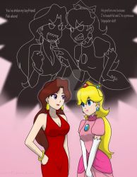 Rule 34 | 2girls, angry, blonde hair, blue eyes, breasts, brown hair, cleavage, crown, donkey kong (series), dress, earrings, eyeshadow, face-to-face, gloves, hand on own hip, highres, jewelry, lipstick, long hair, makeup, mario (series), mayor, multiple girls, nintendo, pauline (mario), pink dress, princess peach, red dress, speech bubble, standing, super mario bros. 1, super mario galaxy
