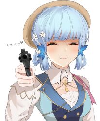Rule 34 | 1girl, absurdres, aiming, aiming at viewer, ayaka (genshin impact), blue hair, blunt bangs, braid, breasts, brown headwear, butterfly hair ornament, closed eyes, closed mouth, collar, commentary request, flower, genshin impact, gun, hair flower, hair ornament, hair up, highres, holding, holding gun, holding weapon, hotaboshi yazuki, kamisato ayaka, kamisato ayaka (springbloom missive), light blue hair, light blush, long sleeves, medium breasts, official alternate costume, simple background, smile, solo, translated, weapon, white background, white collar, yaduki100