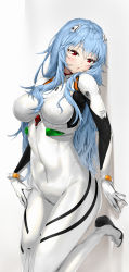 Rule 34 | 1girl, absurdres, ayanami rei, blue hair, bodysuit, breasts, commission, covered navel, evangelion: 3.0+1.0 thrice upon a time, hairpods, highres, interface headset, long hair, medium breasts, neon genesis evangelion, official alternate hair length, official alternate hairstyle, pixel (yuxian), pixiv commission, plugsuit, rebuild of evangelion, red eyes, skin tight, solo, standing, standing on one leg, very long hair, white bodysuit