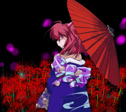 Rule 34 | flower, hair ornament, hayashitsu, japanese clothes, kimono, looking at viewer, looking back, obi, off shoulder, oil-paper umbrella, onozuka komachi, red eyes, red hair, sash, smile, solo, spider lily, touhou, twintails, two side up, umbrella