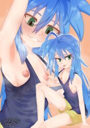 Rule 34 | 1girl, absurdres, ahoge, armpits, black tank top, blue hair, blush, breasts, cheeso art, collarbone, commentary, english commentary, grin, hair between eyes, highres, izumi konata, long bangs, long hair, looking down, lucky star, mole, mole on breast, mole under eye, multiple views, nipples, orange background, shorts, sitting, small breasts, smile, tank top, tongue, tongue out, upper body, very long hair, yellow shorts