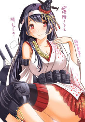 Rule 34 | 10s, 1girl, black hair, breasts, cleavage, comic, detached sleeves, fusou (kancolle), hair ornament, head tilt, headband, kantai collection, large breasts, long hair, looking at viewer, machinery, nontraditional miko, panties, pink panties, pleated skirt, red eyes, sitting, skirt, smile, sogabe toshinori, solo, sweat, translation request, turret, underwear