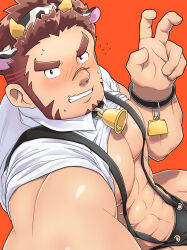 Rule 34 | 1boy, akashi (live a hero), alternate costume, animal costume, animal ears, bara, bare pectorals, bell, bulge, chinese zodiac, clothes lift, cow boy, cow costume, cow ears, cow horns, cowbell, cowboy shot, embarrassed, facial hair, foreshortening, goatee, highres, horns, karamaru (karamari 11), large pectorals, live a hero, long sideburns, male focus, muscular, muscular male, pectorals, red eyes, red hair, scar, scar on face, scar on nose, selfie, shirt lift, short hair, sideburns, sleeves rolled up, solo, square face, suspenders, thick eyebrows, v, year of the ox