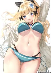 Rule 34 | 1girl, absurdres, blonde hair, blue eyes, blush, breasts, elf, highres, large breasts, long hair, open mouth, pointy ears, ponytail, princess connect!, saren (princess connect!), swimsuit, yamano rokamizu