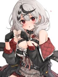 Rule 34 | 1girl, :o, absurdres, bare shoulders, black collar, black gloves, black jacket, blush, breasts, cleavage, collar, cowboy shot, fingerless gloves, gloves, grey hair, hair ornament, heart, heart hands, highres, hololive, jacket, large breasts, long hair, long sleeves, looking at viewer, miniskirt, open clothes, open jacket, open mouth, plaid, plaid skirt, pleated skirt, quilted jacket, red eyes, red jacket, red skirt, sakamata chloe, shirt, simple background, skirt, solo, two-sided fabric, two-sided jacket, virtual youtuber, white background, white shirt, yunon oto mad