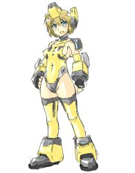 Rule 34 | 1girl, blue eyes, blush, boots, breasts, brown hair, collarbone, cosmic break, covered navel, full body, halcon, halterneck, hand on own hip, headgear, highleg, highleg leotard, leotard, looking at viewer, mecha musume, open mouth, rei (cosmic break), short hair, sideboob, simple background, skin tight, smile, solo, standing, thighhighs, white background