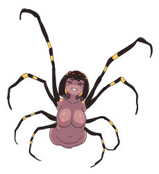 Rule 34 | 1girl, amputee, arthropod girl, black hair, breasts, dark-skinned female, dark skin, extra eyes, female focus, grin, insect girl, large areolae, large breasts, monster girl, nude, original, pussy, simple background, smile, solo, spider girl, what, white background, yoshino norihito