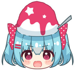 Rule 34 | 1girl, :d, blue hair, blush stickers, bow, chibi, commentary request, food, hair between eyes, hair bow, hair ornament, hairclip, hanamiya natsuka, head only, looking at viewer, lowres, open mouth, original, polka dot, polka dot bow, red bow, red eyes, shaved ice, simple background, smile, solo, star (symbol), two side up, utensil, white background