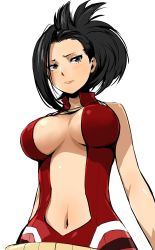 Rule 34 | 10s, 1girl, absurdres, arms at sides, bare shoulders, belt, belt skirt, black hair, blue eyes, blush, boku no hero academia, breasts, breasts apart, center opening, embarrassed, enami katsumi, halterneck, highres, large breasts, leotard, long hair, looking away, no bra, ponytail, shiny skin, short hair, simple background, sleeveless, solo, standing, white background, yaoyorozu momo