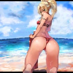 Rule 34 | 1girl, ass, beach, bikini, blonde hair, cloud, cloudy sky, day, fate/grand order, fate (series), gond, green eyes, jewelry, kneeling, long hair, looking back, mordred (fate), mordred (fate) (all), mordred (fate/apocrypha), mordred (swimsuit rider) (fate), mordred (swimsuit rider) (first ascension) (fate), ocean, outdoors, ponytail, red bikini, shiny skin, sky, summer, sweat, swimsuit