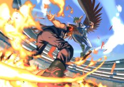 Rule 34 | 2boys, alternate universe, blue sky, boku no hero academia, command input, endeavor (boku no hero academia), feathered wings, feathers, fighting, fighting stance, fire, fisheye, hawks (boku no hero academia), highres, male focus, midair, multiple boys, muscular, muscular male, ozke, pyrokinesis, red feathers, school uniform, sky, sports festival, stadium, toned, toned male, wings