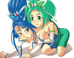 Rule 34 | 00s, 2girls, :o, akimoto komachi, all fours, aqua eyes, baanin, bent over, bike shorts, blue eyes, blue hair, blue shorts, blush, breasts, bug, butterfly, cure aqua, cure mint, detached sleeves, flat chest, grabbing, grabbing another&#039;s breast, green eyes, green hair, green shorts, groping, hair ornament, hair ribbon, insect, jewelry, kneeling, long hair, magical girl, minazuki karen, multiple girls, naughty face, nipple stimulation, nipple tweak, nipples, open mouth, ponytail, precure, ribbon, shadow, shiny clothes, shorts, simple background, small breasts, smile, sweat, tears, topless, twintails, very long hair, wide ponytail, yes! precure 5, yuri