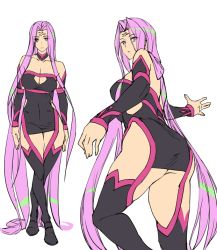 Rule 34 | 1girl, absurdly long hair, ashiomi masato, ass, bare shoulders, breasts, closed mouth, dress, fate/grand order, fate/stay night, fate (series), long hair, looking at viewer, medusa (fate), medusa (rider) (fate), medusa (rider) (third ascension) (fate), purple hair, simple background, solo, strapless, strapless dress, thighhighs, very long hair, white background