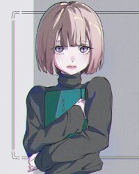 Rule 34 | 1girl, absurdres, black shirt, bob cut, book, hugging book, chromatic aberration, closed mouth, cropped torso, grey background, grey eyes, highres, holding, holding book, light brown hair, lips, long sleeves, looking at viewer, natsume hinako, hugging object, original, shirt, short hair, solo, translated, turtleneck, two-tone background, upper body