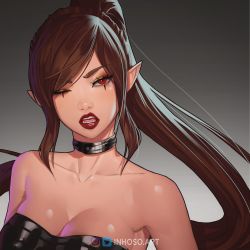 Rule 34 | 1girl, artist name, bare shoulders, black choker, black dress, breasts, brown hair, choker, cleavage, collarbone, commentary, dress, english commentary, fangs, gradient background, grey background, highres, inhoso, instagram logo, lips, long hair, looking at viewer, one eye closed, open mouth, original, pointy ears, ponytail, red eyes, red lips, solo, strapless, teeth, twitter logo, upper body, watermark