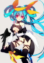 Rule 34 | 1girl, arc system works, asymmetrical wings, bad id, bad pixiv id, bare shoulders, black thighhighs, blue hair, breasts, center opening, dizzy (guilty gear), guilty gear, long hair, medium breasts, navel, r0c, red eyes, ribbon, solo, tail, tail ornament, tail ribbon, thighhighs, twintails, wings