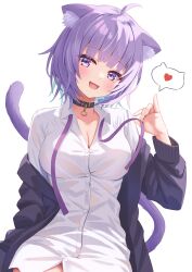Rule 34 | 1girl, :3, absurdres, ahoge, animal ear fluff, animal ears, black choker, black sweater, blunt bangs, blush, breasts, buttons, cardigan, cat ears, cat girl, cat necklace, cat tail, choker, cleavage, collared shirt, commentary, facing viewer, head tilt, heart, highres, holding, holding ribbon, hololive, large breasts, long sleeves, looking at viewer, nekomata okayu, nekomata okayu (oversized shirt), off shoulder, open cardigan, open clothes, open mouth, purple eyes, purple fur, purple hair, purple ribbon, ribbon, seductive smile, shirt, short hair, simple background, smile, solo, speech bubble, spoken heart, sweater, tail, togemaru34, undressing, upper body, virtual youtuber, white background, white shirt