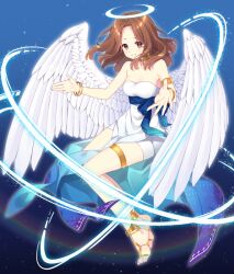 Rule 34 | 1girl, bangle, bare shoulders, blush, bracelet, breasts, brown eyes, brown hair, cleavage, collarbone, commentary request, commission, dress, feathered wings, forehead, full body, halo, jewelry, kusumoto shizuru, long hair, looking at viewer, medium breasts, original, parted bangs, pelvic curtain, smile, solo, strapless, strapless dress, white dress, white wings, wings