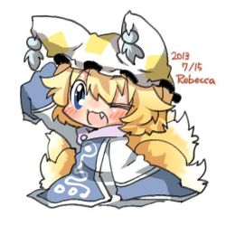 Rule 34 | 1girl, artist name, bad id, bad twitter id, blonde hair, blue eyes, blush, chibi, dated, fang, fox tail, hat, lowres, open mouth, rebecca (keinelove), short hair, smile, solo, tail, touhou, wink, yakumo ran