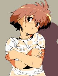 Rule 34 | 1girl, bad id, blush, breasts, brown eyes, brown hair, covering privates, covering breasts, crossed arms, edoya inuhachi, grey background, hair between eyes, head tilt, large breasts, no bra, oekaki, parted lips, see-through, shirt, short hair, short sleeves, simple background, solo, t-shirt, umihara kawase, umihara kawase (character), upper body, wet, wet clothes, wet hair, wet shirt